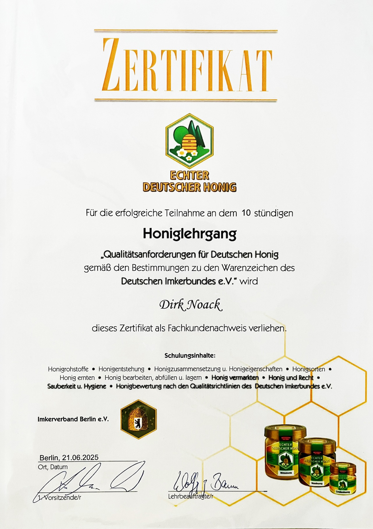 Zertifikat Qualitätsanforderungen für Deutschen Honig